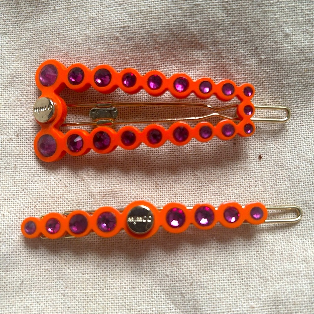 Mimco Orange Hair Clip Clips Set Hot Pink Purple Crystal Rhinestone Accents